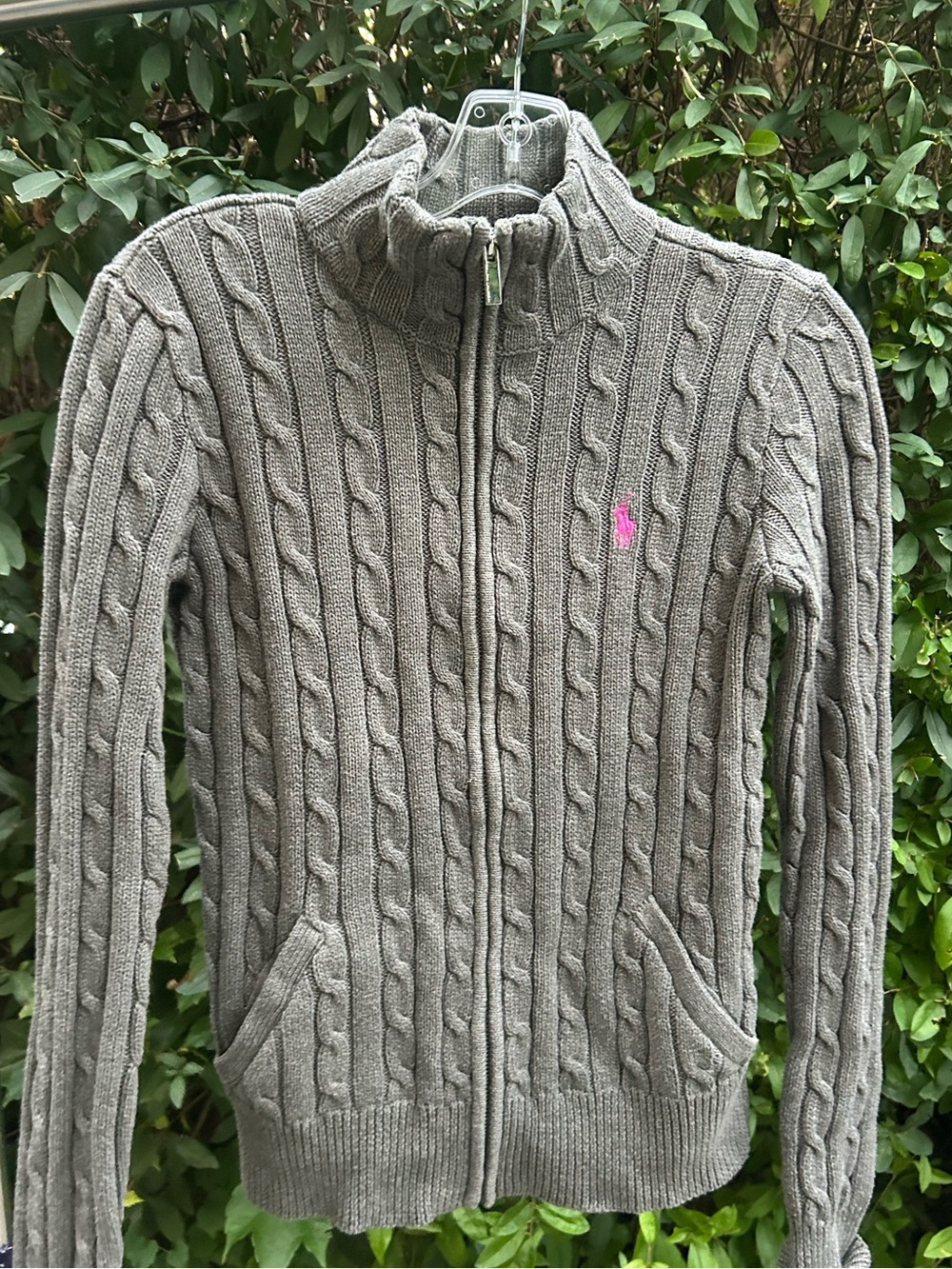 Vintage Ralph Lauren Sport Pink Pony Cable Knit Zip Sweater
